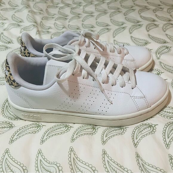 Adidas Advantage Shoes Leopard Heel Sneakers Lace Up Tennis Shoes White 7.5